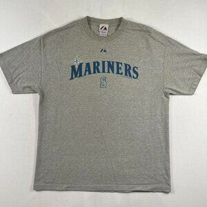 Majestic Athletic Men's Grey and Blue T-shirt